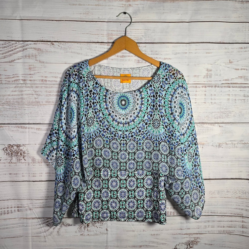 Ruby Rd. Mosaic Print Dolman Sleeve Blouse Women's Large Blue Green Boho Top
